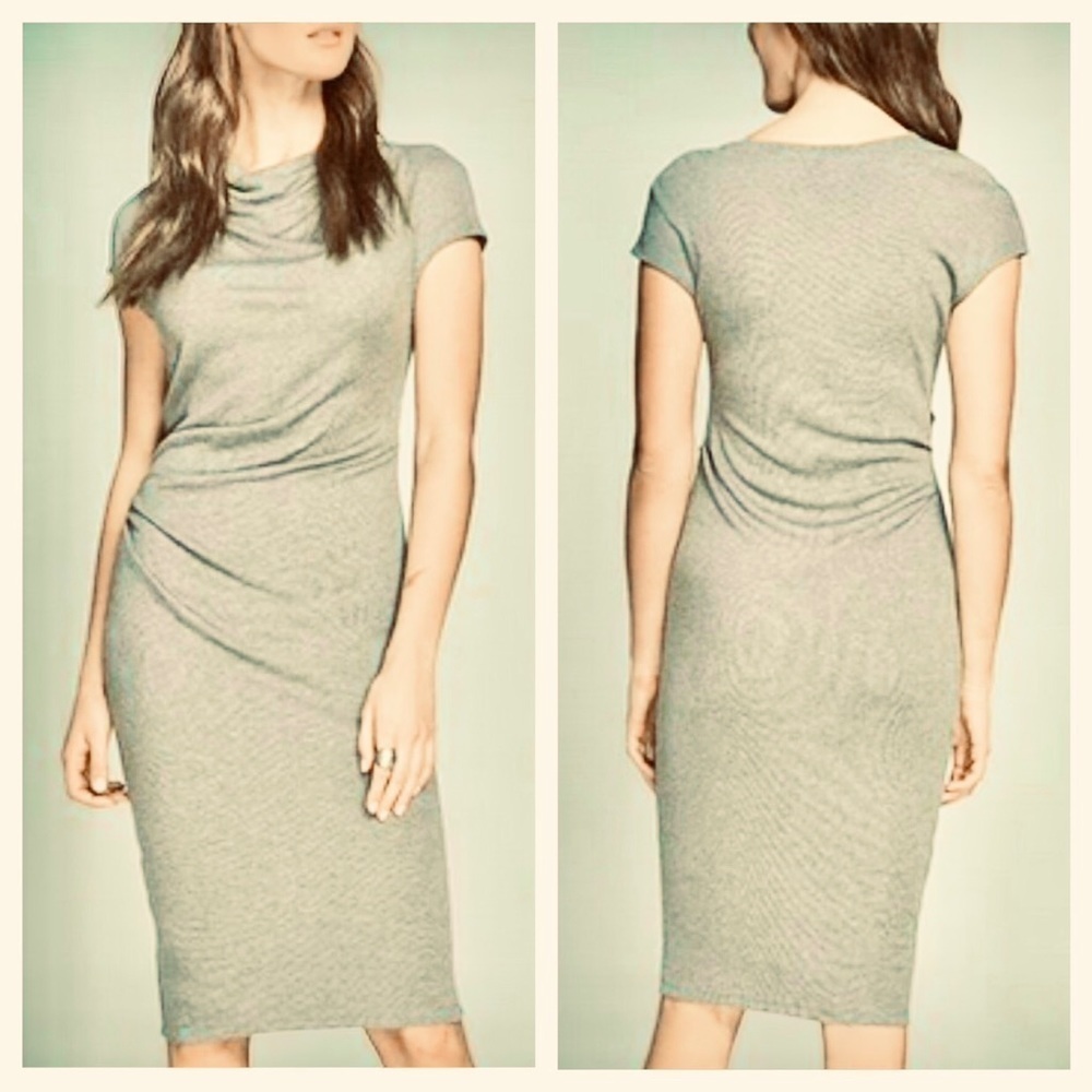 Obakki Fleur Light Grey Green Cowl Neck Ruched Waist Sleeveless Midi Dress‎ Sz M